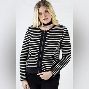 Drew Black & Ivory Striped Zip-Front Cardigan Sweater Size Small